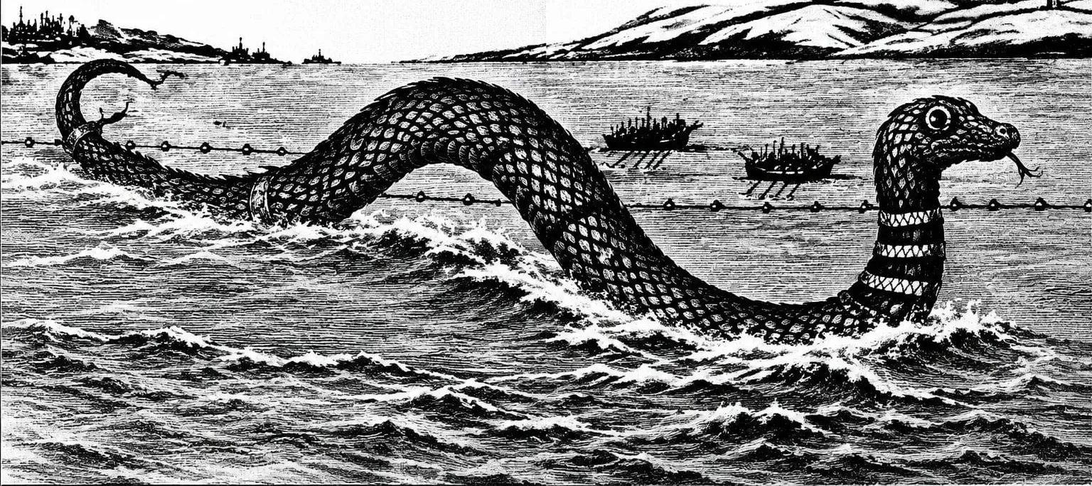 Cassie, the Casco Bay sea serpent, swimming through the waves past rowing boats in Portland Harbor